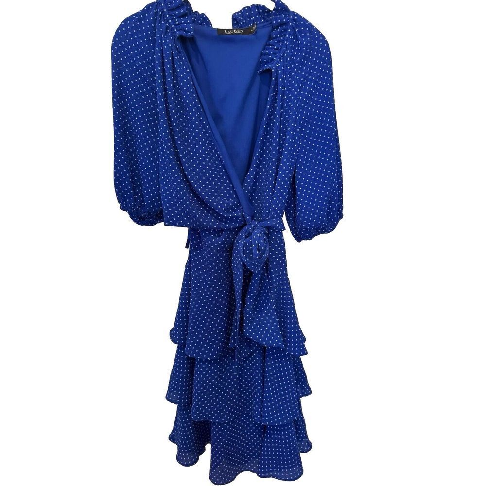 Lauren Ralph Lauren Black Label Short Sleeve Royal And White Polka Dot Dress 8